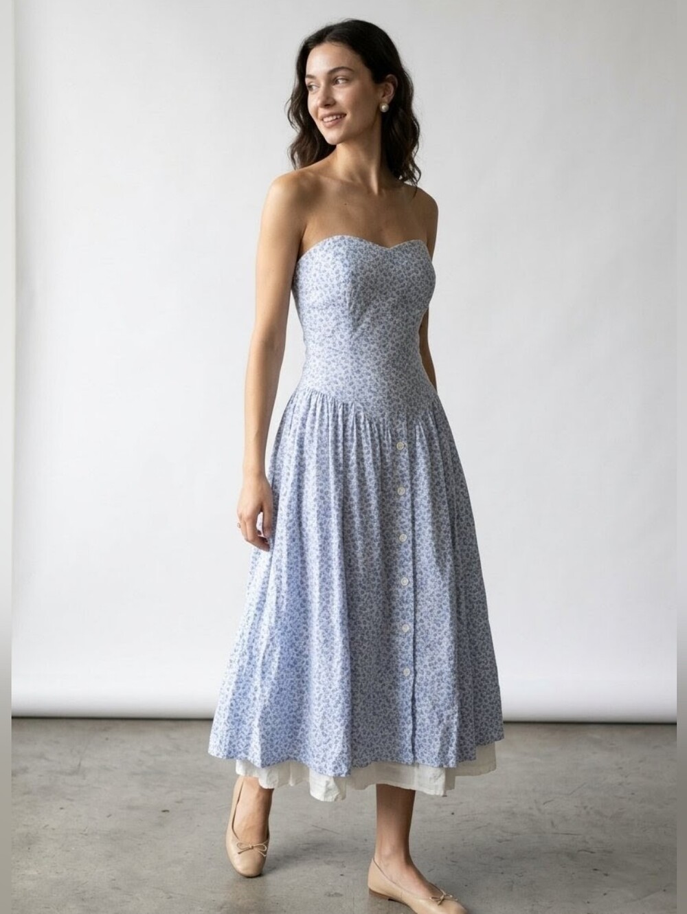 VINTAGE 80s/90s Katie Blue Floral Corset Midi Dress Women's 10